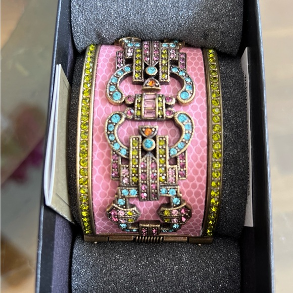 Heidi Daus Pink & Bronze Tone Hinged Crystal Cuff Bracelet With Box